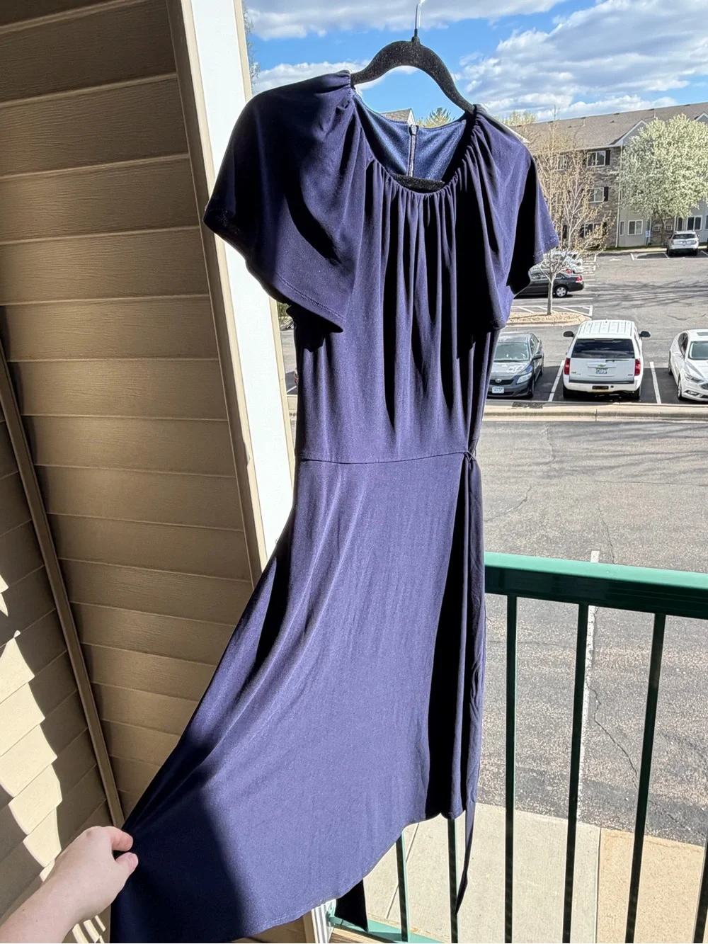 🆕🫐 Jessica Howard Navy Blue Fit & Flare Dress Petite 12P Tie Waist Office Midi - Picture 5 of 17